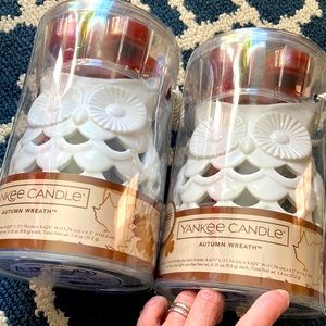 NWT pair of yankee candles autumn wreath Owl luminary tea light holders. New